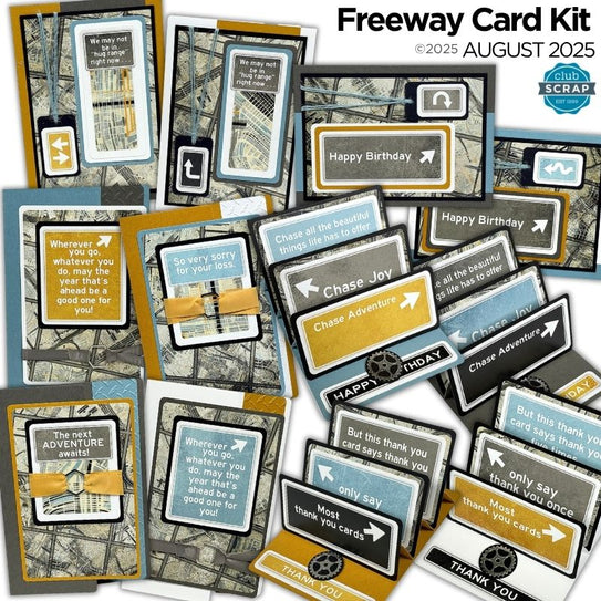 Freeway Card Kit with various cards featuring text and graphics on a white background.