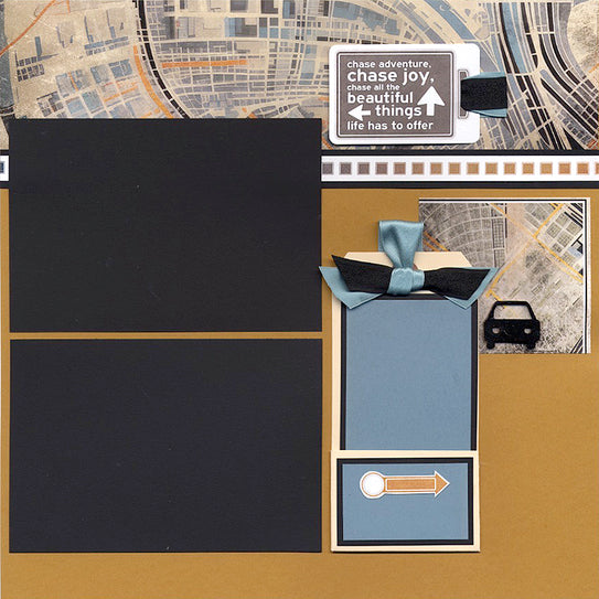 Scrapbook layout with map background, text card, and decorative elements.