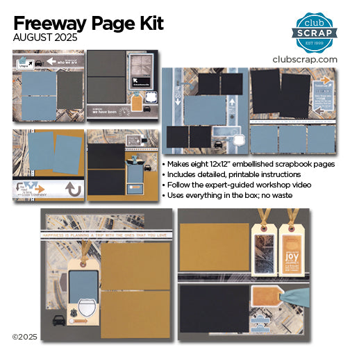 Freeway Page Kit for scrapbooking with Club Scrap branding, featuring pages and tags.